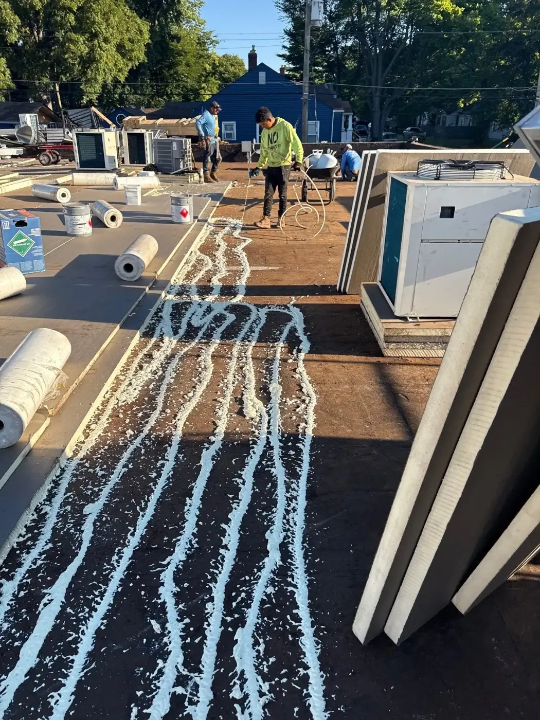 Tarping and dry-in on a Corydon commercial roof